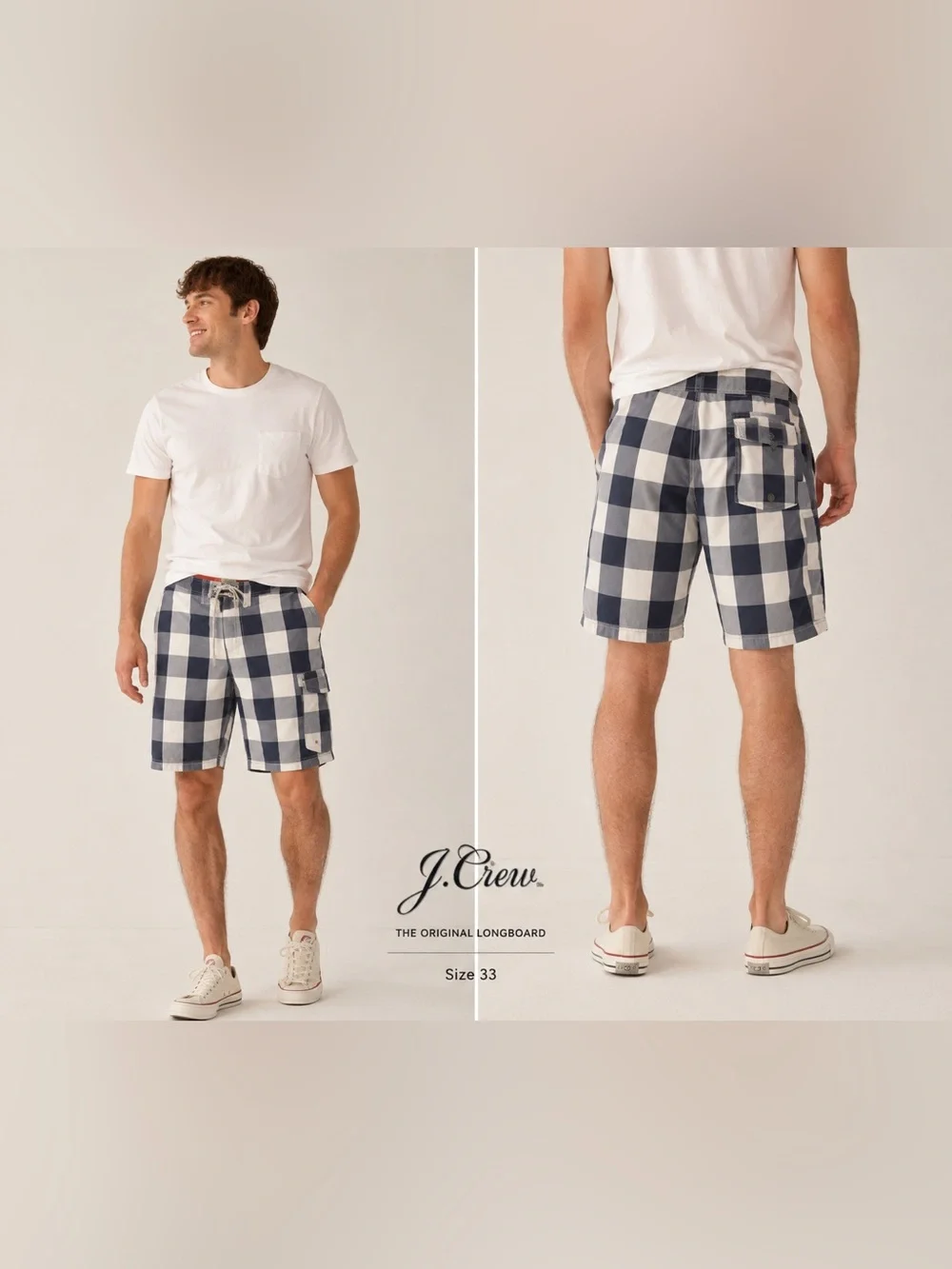 J.Crew Original Longboard Plaid Board Shorts Men’s 33 Blue White Swim Trunks
